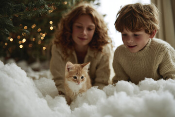 joyful family is playing with fluffy kitten near beautifully decorated christmas tree