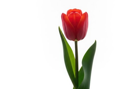 A single vibrant red tulip with green leaves isolated on a clean white background isolated on white background