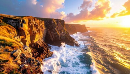 Rugged coastal cliffs bathed in the warm glow of a dramatic sunset, with powerful waves crashing against the shore.