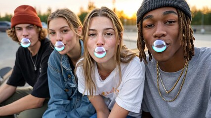 Teens blowing bubbles at sunset: joyful friends enjoying outdoor fun - Powered by Adobe
