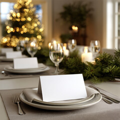 Elegant Christmas dining table with blank place cards, festive candlelight, evergreen garland, and sparkling tree in cozy holiday atmosphere