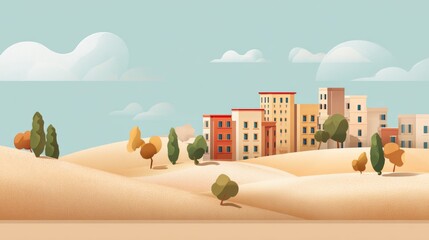 A modern city with tall buildings rising beside vast golden sand dunes, blending urban structures with desert landscapes to create a surreal contrast between architecture, nature, heat and open space