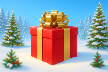 Large red christmas gift box with golden bow outdoors in a snowy winter landscape with evergreen trees