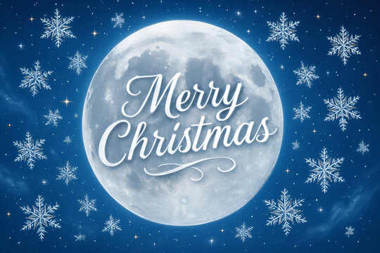 Merry christmas typography on a bright full moon with snowflakes dark blue sky background and winter holiday atmosphere