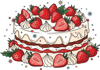Delicious strawberry cake with fresh fruit and cream isolated on white background