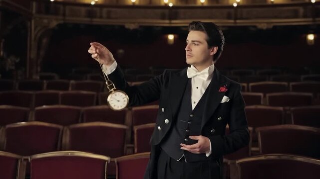 Magician Holding Pocket Watch in Classic Theater