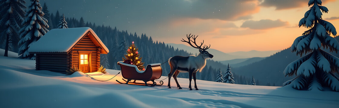 lone reindeer stands proudly foreground illuminated warm golden light spilling cabin leads modestly