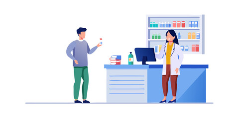 Pharmacist standing at pharmacy counter and presenting prescription drug. Pharma professional at drugstore concept. Vector illustration.
