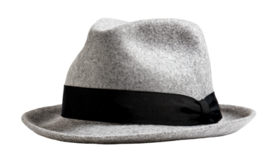 Gray fedora with black band, shadowed against dark background