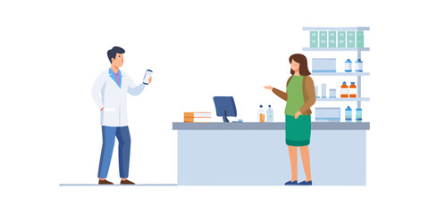 Pharmacist standing at pharmacy counter and presenting prescription drug. Pharma professional at drugstore concept. Vector illustration.
