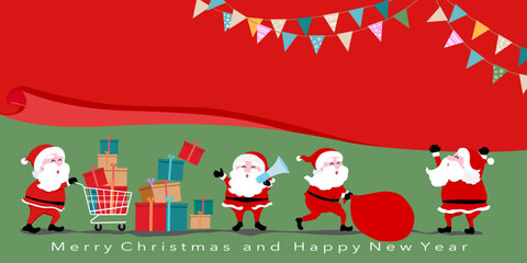 Vector hand drawing for holiday, Merry Christmas and happy new year with character of Santa clause, gifts boxes in a cart, celebrate flags on red and green background