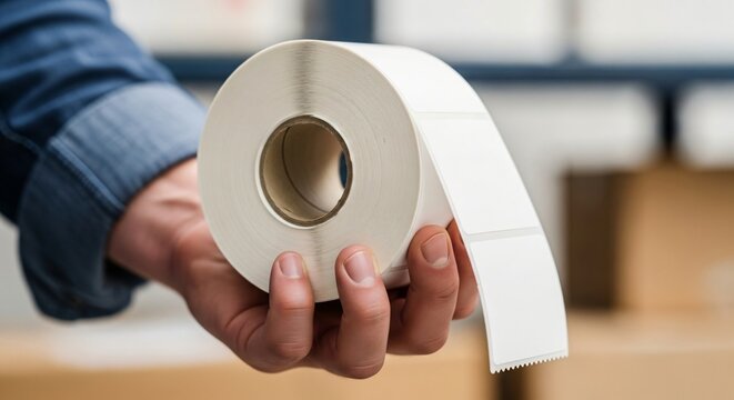 Hand holding a roll of blank white adhesive labels for shipping and product packaging