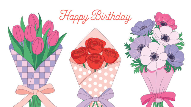 Three bouquets of flowers for a happy birthday isolated on