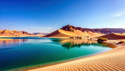 A serene desert landscape featuring a vibrant turquoise lake surrounded by golden sand dunes and distant mountains, reflecting the clear blue sky.