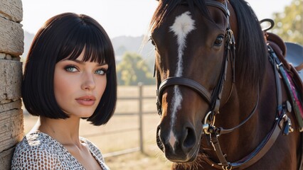 Woman with short dark bob haircut standing by rustic wall with brown horse outdoors in sunlight.