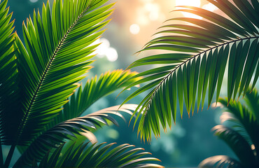 wide shot lush tropical foliage intricate palm fronds mesmerizing bold gradient holographic color scheme