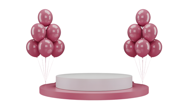 A pink podium stands ready with balloons floating above it.
