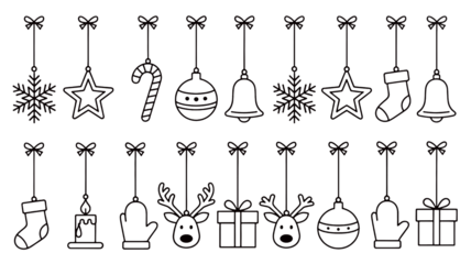 A festive arrangement of hanging ornaments like snowflakes, bells, and gift boxes decorate the scene.