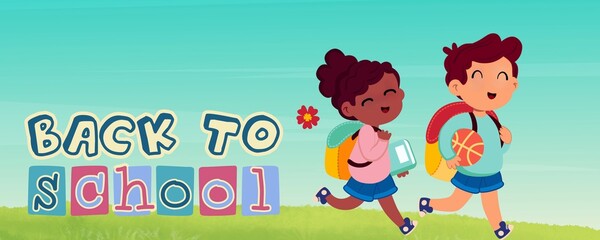 Cartoon illustration cute kids back to school.