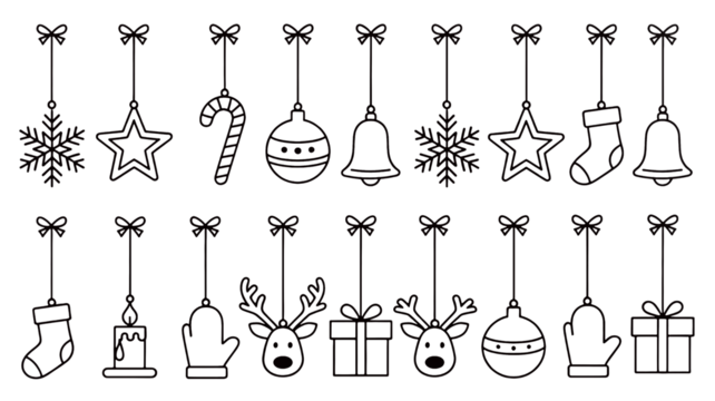 A festive arrangement of hanging ornaments like snowflakes, bells, and gift boxes decorate the scene.