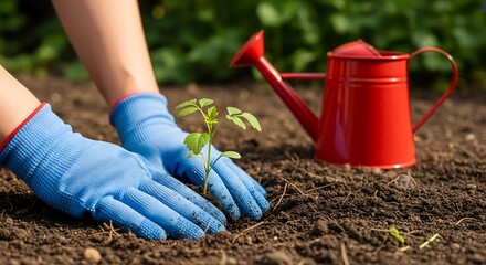 Fototapeta premium Nurturing a new beginning, gloved hands plant a tender seedling.