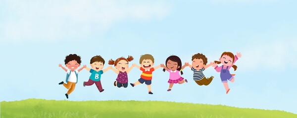 Cartoon illustration happy children.