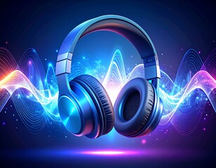 A modern, blue over-ear audio device hovers before vibrant, glowing sound waves, creating a dynamic visual representation of music