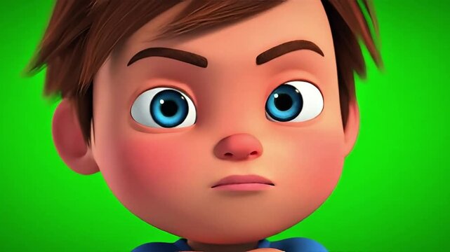 Close-up of a young boy's face with serious expression on a green background