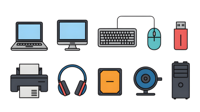 A collection of electronic devices are shown in a line.