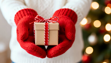 Red mittens holding small Christmas gift box. Warm holiday mood.