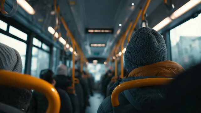 Commuters travel on a public bus during a cold winter day