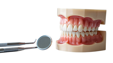 Dental tools and model teeth displayed on a black background for study.
