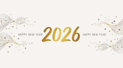 Golden 2026 text with confetti and streamers, isolated on