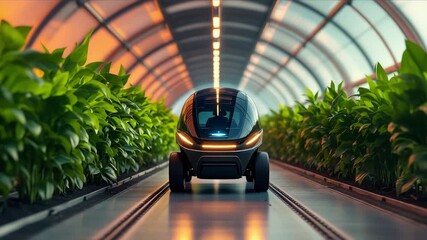 Dusk vehicle journey, Sunset glow illuminates peaceful plantlined path - Powered by Adobe