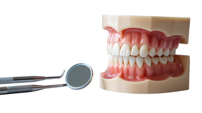 Dental tools and model teeth displayed on a black background for study.