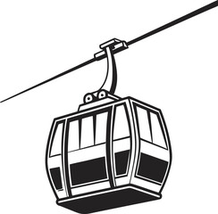 A black and white illustration of a modern cable car gondola suspended from a wire overhead isolated on white background.