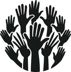A diverse group of black hand silhouettes reaching upwards in a circular formation symbolizing unity participation and community isolated on white background.