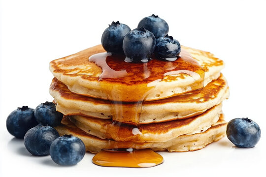 Stack of fluffy buttermilk pancakes topped with fresh blueberries and drizzled with golden syrup, creating delicious and inviting breakfast scene full of warmth and sweetness