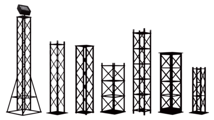 A tall tower with a light sits on top of a dark background displaying several metal structures.