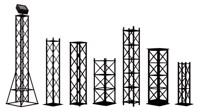 A tall tower with a light sits on top of a dark background displaying several metal structures.