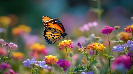 Naklejka premium A butterfly hovering above a cluster of vibrant wildflowers, wings spread wide, capturing the essence of spring.