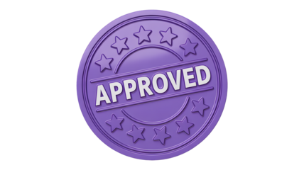 Purple approved stamp with stars showing acceptance or confirmation of a task.