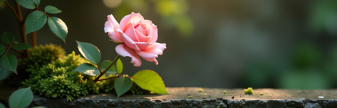 delicate rose soft pink hues set serene stone wall subtle morning light filtering