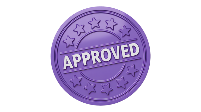 Purple approved stamp with stars showing acceptance or confirmation of a task.