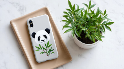 Panda phone case on beige tray with green plant in white pot  