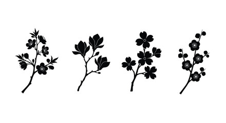 Collection of black flower branch silhouettes