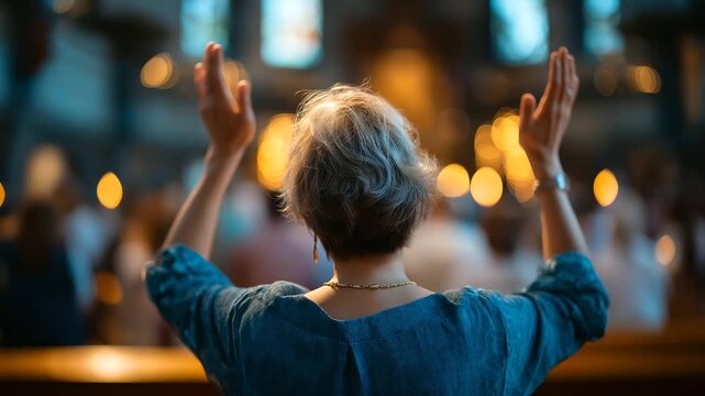 Over shoulder view of person with hands raised toward altar other worshippers defocused in background individual prayer in community mental support through worship church inter