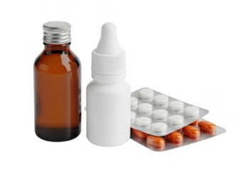 Medicine bottles and blister packs of pills isolated on transparent background for healthcare and pharmaceutical use
