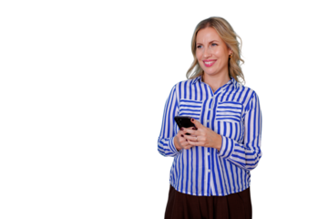 Blonde woman in striped shirt using smartphone, smiling and looking away on a transparent background