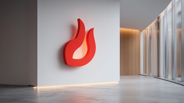 Modern office interior design with red flame logo on wall and minimalist architecture and bright lighting